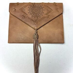 Anthropologie Tassel Envelope‎ Clutch Bag Brown Leather Boho Perforated Stitched